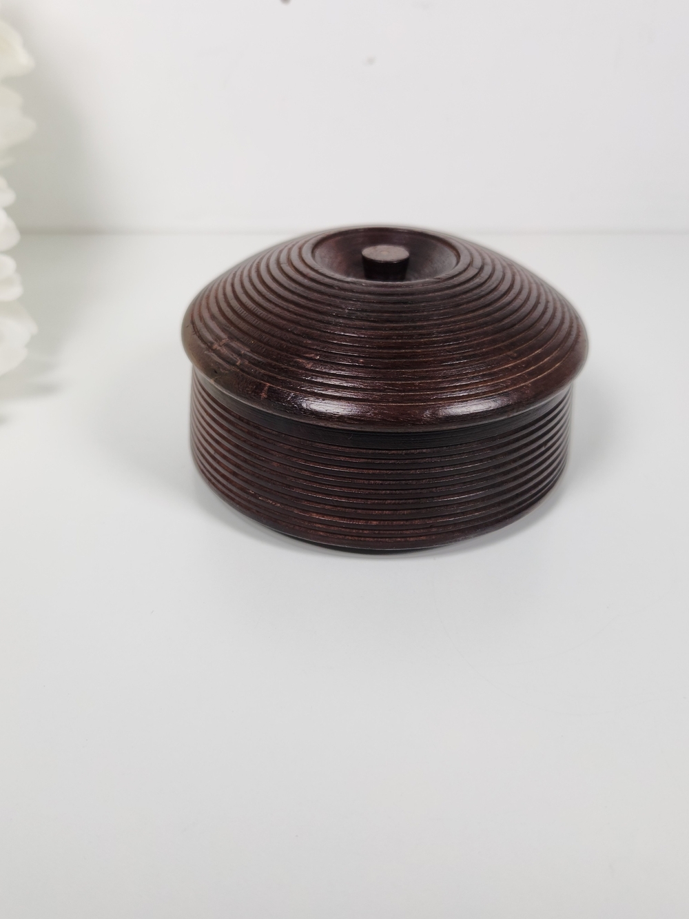 Vintage Hand Turned Wood Lidded Box | Wooden Ribbed Trinket Dish